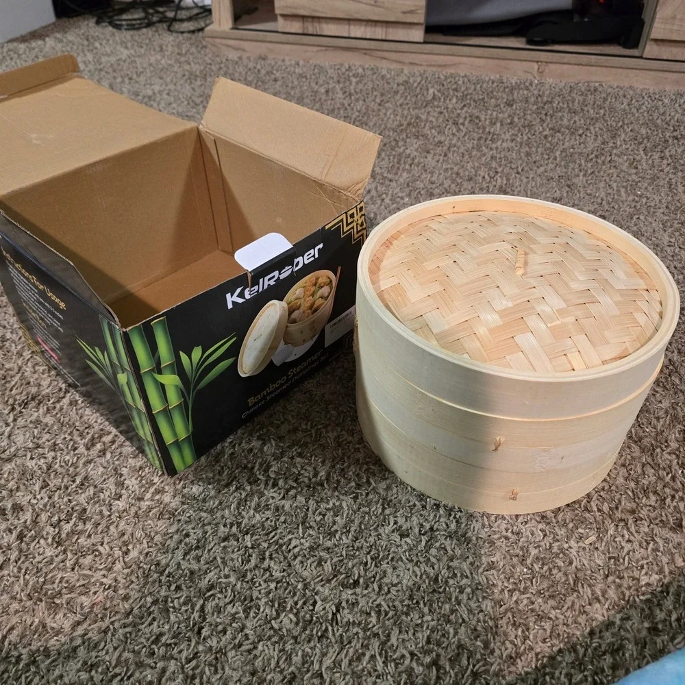KelRober 10 Inch Bamboo Steamer‎ Set 2 Tier Chinese Dumpling Dim Sum Basket New